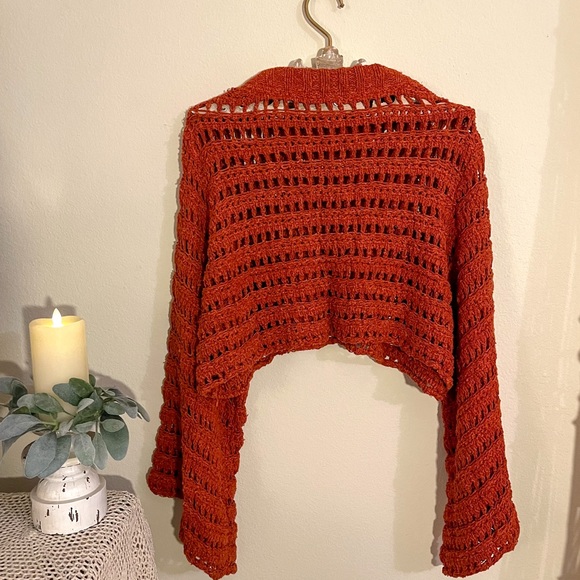 NWOT Free People Caught Up Bell-Sleeve Crochet Sweater - Picture 3 of 12